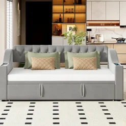 Lit Gigogne 90x190 cm, Velours Gris, Lit Multifonction avec Port USB, Accoudoirs avec Rangement - Sans Matelas