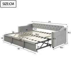 Lit Gigogne 90x190 cm, Velours Gris, Lit Multifonction avec Port USB, Accoudoirs avec Rangement - Sans Matelas