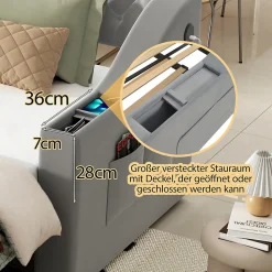 Lit Gigogne 90x190 cm, Velours Gris, Lit Multifonction avec Port USB, Accoudoirs avec Rangement - Sans Matelas