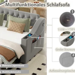 Lit Gigogne 90x190 cm, Velours Gris, Lit Multifonction avec Port USB, Accoudoirs avec Rangement - Sans Matelas
