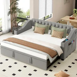 Lit Gigogne 90x190 cm, Velours Gris, Lit Multifonction avec Port USB, Accoudoirs avec Rangement - Sans Matelas