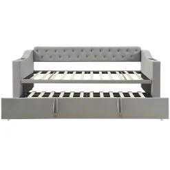 Lit Gigogne 90x190 cm, Velours Gris, Lit Multifonction avec Port USB, Accoudoirs avec Rangement - Sans Matelas