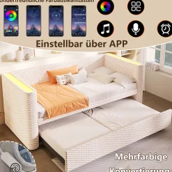 Lit Gigogne 90x200 cm/180x200 cm - Lit Simple et Double avec Éclairage LED Multifonction - en Velours - sans Matelas - Beige