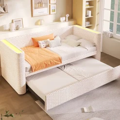 Lit Gigogne 90x200 cm/180x200 cm - Lit Simple et Double avec Éclairage LED Multifonction - en Velours - sans Matelas - Beige