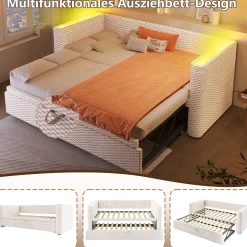 Lit Gigogne 90x200 cm/180x200 cm - Lit Simple et Double avec Éclairage LED Multifonction - en Velours - sans Matelas - Beige
