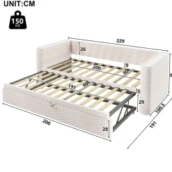 Lit Gigogne 90x200 cm/180x200 cm - Lit Simple et Double avec Éclairage LED Multifonction - en Velours - sans Matelas - Beige
