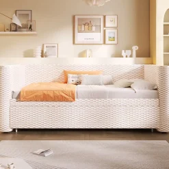 Lit Gigogne 90x200 cm/180x200 cm - Lit Simple et Double avec Éclairage LED Multifonction - en Velours - sans Matelas - Beige