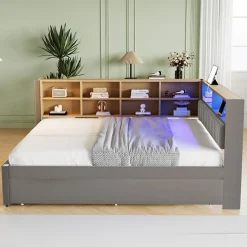 Lit Gigogne 140x200 cm/90x190 cm, Lit Double et Port USB, Rangements Intégrés et Éclairage LED - Tissu Gris Foncé - Sans Matelas