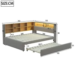 Lit Gigogne 140x200 cm/90x190 cm, Lit Double et Port USB, Rangements Intégrés et Éclairage LED - Tissu Gris Foncé - Sans Matelas