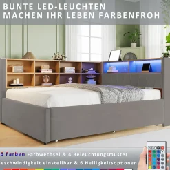 Lit Gigogne 140x200 cm/90x190 cm, Lit Double et Port USB, Rangements Intégrés et Éclairage LED - Tissu Gris Foncé - Sans Matelas