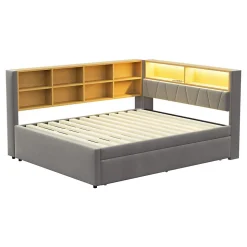 Lit Gigogne 140x200 cm/90x190 cm, Lit Double et Port USB, Rangements Intégrés et Éclairage LED - Tissu Gris Foncé - Sans Matelas