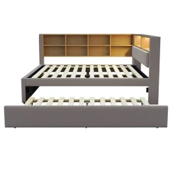 Lit Gigogne 140x200 cm/90x190 cm, Lit Double et Port USB, Rangements Intégrés et Éclairage LED - Tissu Gris Foncé - Sans Matelas