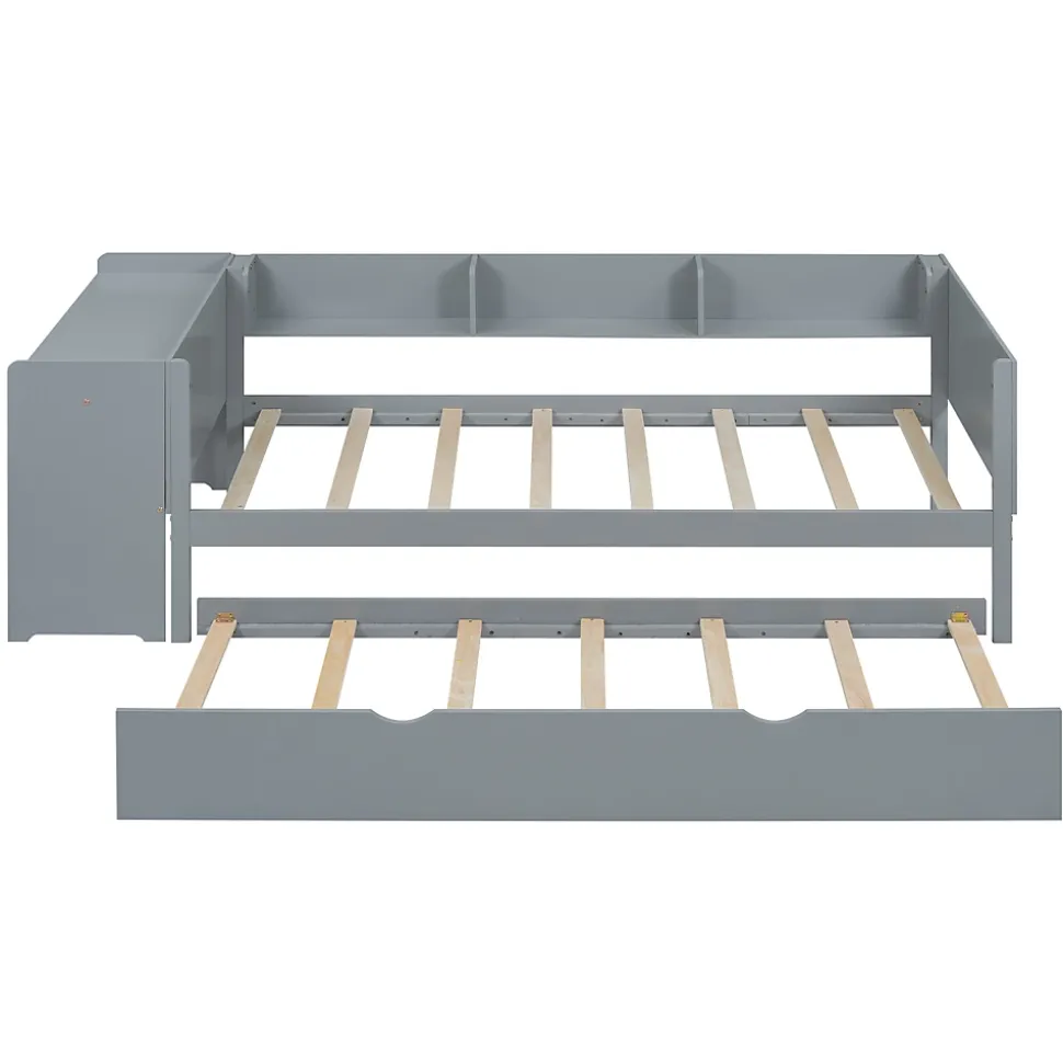 Lit gigogne 90x200cm+90x180cm, avec petit bureau, trois étagères sur le côté du lit, gris