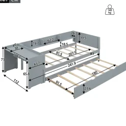 Lit gigogne 90x200cm+90x180cm, avec petit bureau, trois étagères sur le côté du lit, gris