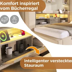 Lit Gigogne 90x200/90x190 cm - Lit Rembourré avec LED et Tête de Lit L-Forme Rangement, en Lin - sans Matelas Beige