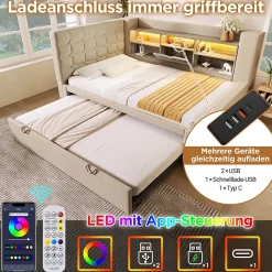 Lit Gigogne 90x200/90x190 cm - Lit Rembourré avec LED et Tête de Lit L-Forme Rangement, en Lin - sans Matelas Beige