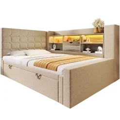 Lit Gigogne 90x200/90x190 cm - Lit Rembourré avec LED et Tête de Lit L-Forme Rangement, en Lin - sans Matelas Beige