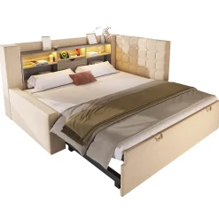 Lit Gigogne 90x200/90x190 cm - Lit Rembourré avec LED et Tête de Lit L-Forme Rangement, en Lin - sans Matelas Beige