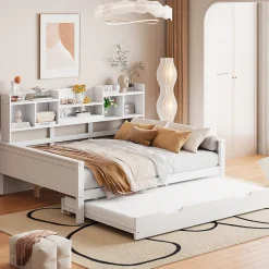 Lit Gigogne 90x190/140x200 cm avec Lit Tiroir et Tiroirs de Rangement, Bois Blanc, Sommier À Lattes pour Chambre enfant, Blanc