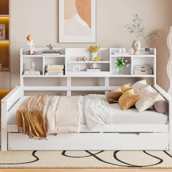 Lit Gigogne 90x190/140x200 cm avec Lit Tiroir et Tiroirs de Rangement, Bois Blanc, Sommier À Lattes pour Chambre enfant, Blanc