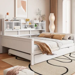 Lit Gigogne 90x190/140x200 cm avec Lit Tiroir et Tiroirs de Rangement, Bois Blanc, Sommier À Lattes pour Chambre enfant, Blanc