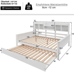 Lit Gigogne 90x190/140x200 cm avec Lit Tiroir et Tiroirs de Rangement, Bois Blanc, Sommier À Lattes pour Chambre enfant, Blanc