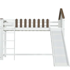 Lit haut 90x200 cm avec toit, fenêtres, échelle 3 marches, sécurité, cadre bois, blanc