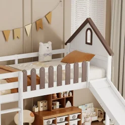 Lit haut 90x200 cm avec toit, fenêtres, échelle 3 marches, sécurité, cadre bois, blanc