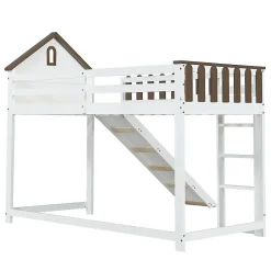 Lit haut 90x200 cm avec toit, fenêtres, échelle 3 marches, sécurité, cadre bois, blanc