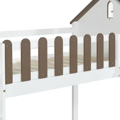 Lit haut 90x200 cm avec toit, fenêtres, échelle 3 marches, sécurité, cadre bois, blanc