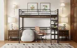 Lit Haut 90x200cm, Bureau, Rangement, Échelle, Métal, Noir