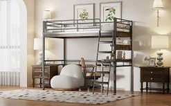 Lit Haut 90x200cm, Bureau, Rangement, Échelle, Métal, Noir