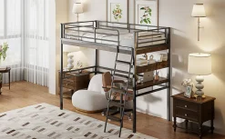 Lit Haut 90x200cm, Bureau, Rangement, Échelle, Métal, Noir