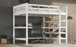 Lit Haut 140x200cm, Bureau, Rangement, Échelle, Métal, Blanc