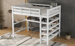 Lit Haut 140x200cm, Bureau, Rangement, Échelle, Métal, Blanc