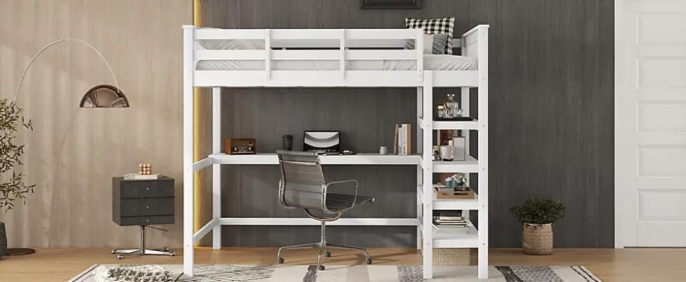 Lit Haut 140x200cm, Bureau, Rangement, Échelle, Métal, Blanc