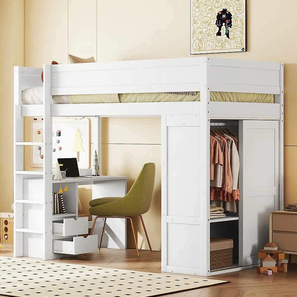 Lit Haut 90x200cm, Lit pour Enfant avec Bureau, Armoire, Blanc