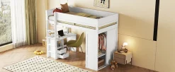 Lit Haut 90x200cm, Lit pour Enfant avec Bureau, Armoire, Blanc