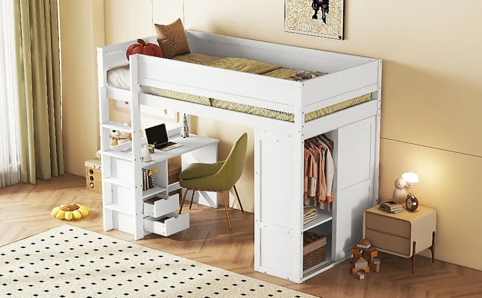 Lit Haut 90x200cm, Lit pour Enfant avec Bureau, Armoire, Blanc
