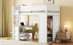 Lit Haut 90x200cm, Lit pour Enfant avec Bureau, Armoire, Blanc