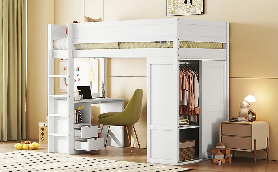 Lit Haut 90x200cm, Lit pour Enfant avec Bureau, Armoire, Blanc