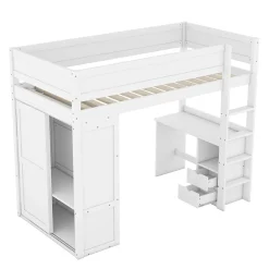 Lit Haut 90x200cm, Lit pour Enfant avec Bureau, Armoire, Blanc