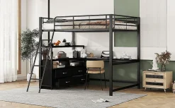 Lit Haut 140x200cm, Métal, Bureau, Rangement, Échelle, Sans Matelas, Noir