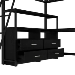 Lit Haut 140x200cm, Métal, Bureau, Rangement, Échelle, Sans Matelas, Noir