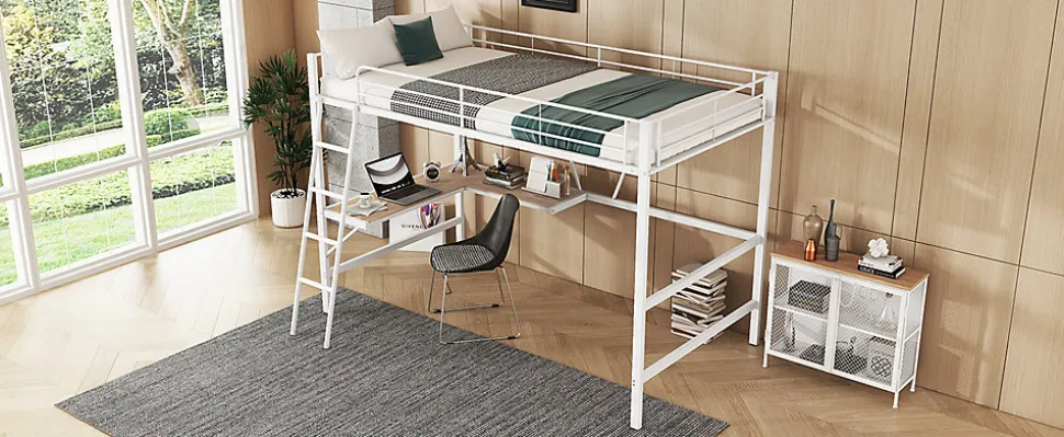 Lit Haut 90x200cm, Métal, Bureau L, Rangement, Sans Matelas, Blanc