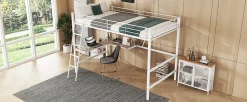 Lit Haut 90x200cm, Métal, Bureau L, Rangement, Sans Matelas, Blanc