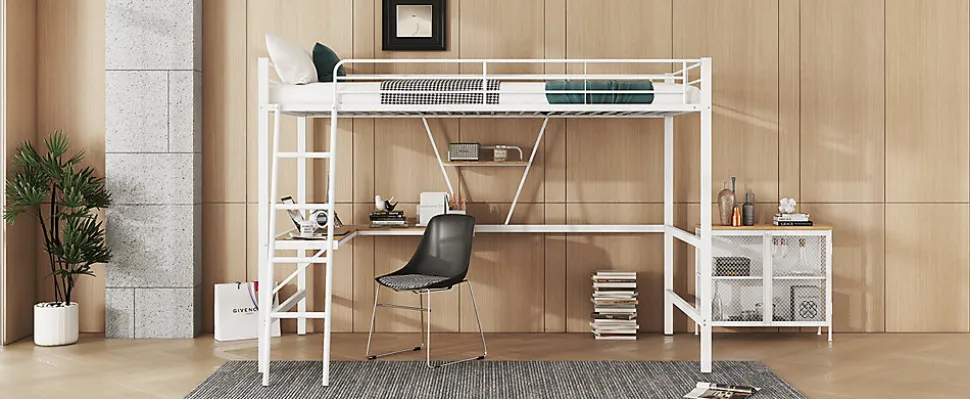 Lit Haut 90x200cm, Métal, Bureau L, Rangement, Sans Matelas, Blanc