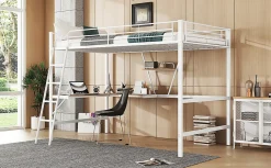 Lit Haut 90x200cm, Métal, Bureau L, Rangement, Sans Matelas, Blanc