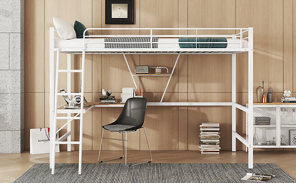 Lit Haut 90x200cm, Métal, Bureau L, Rangement, Sans Matelas, Blanc