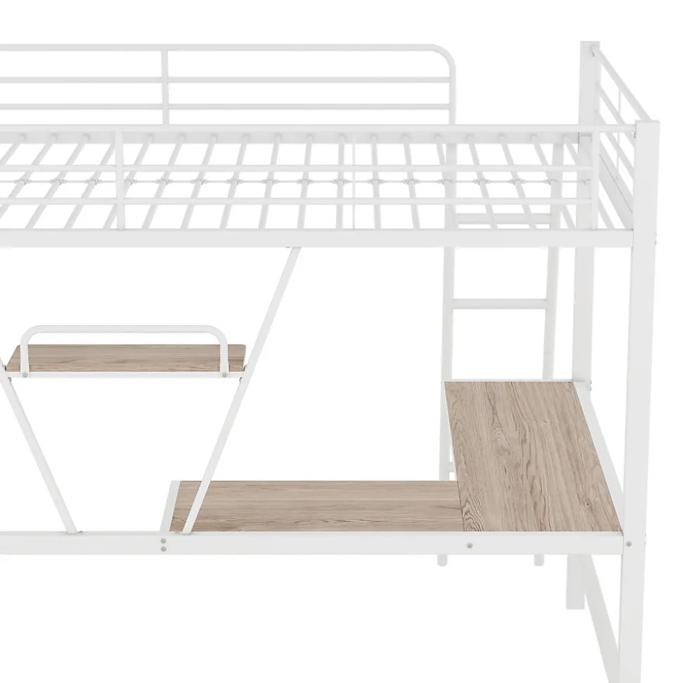 Lit Haut 90x200cm, Métal, Bureau L, Rangement, Sans Matelas, Blanc